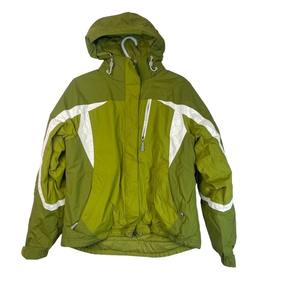 LL Bean Winter Jacket Green White Nylon M Removable Hood Outdoorcore Snowcore